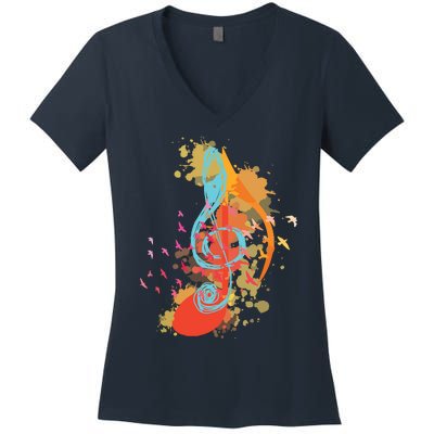 Colorful Treble Clef Music Theory Musician Teacher Birds Women's V-Neck T-Shirt