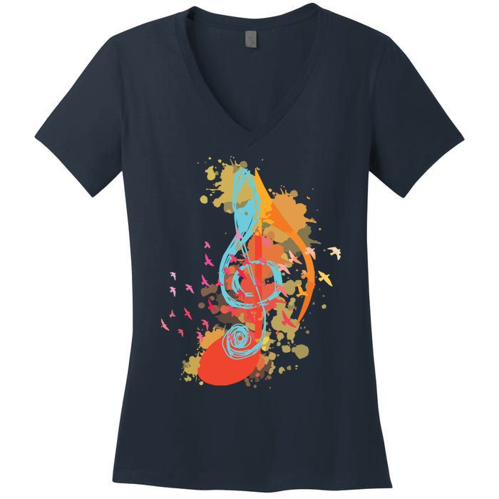 Colorful Treble Clef Music Theory Musician Teacher Birds Women's V-Neck T-Shirt