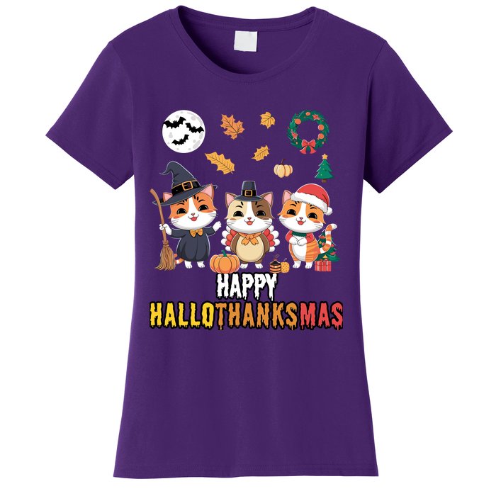 Cat Thanksgiving Christmas Halloween Happy Hallothanksmas Women's T-Shirt