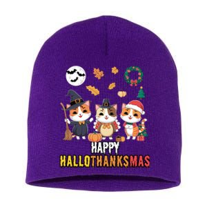 Cat Thanksgiving Christmas Halloween Happy Hallothanksmas Short Acrylic Beanie