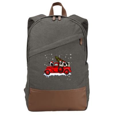 Christmas Three Cows Ride Red Truck Farmer Xmas Santa Hat Gift Cotton Canvas Backpack