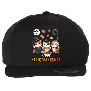 Cat Thanksgiving Christmas Halloween Happy Hallothanksmas Cool Gift Wool Snapback Cap