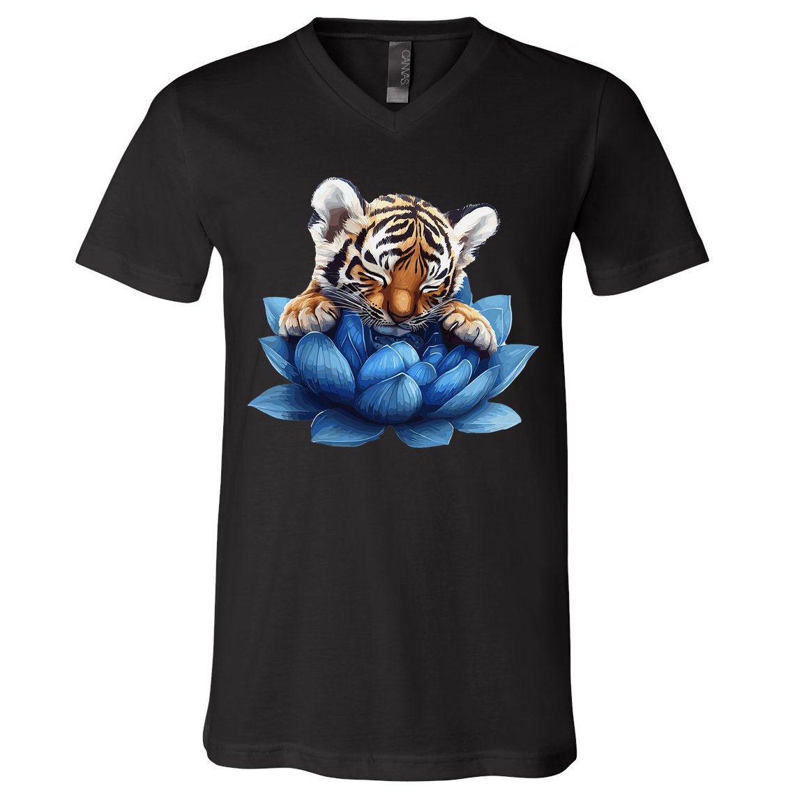 Cute Tiger Cub Blue Lotus Nature Tranquility V-Neck T-Shirt