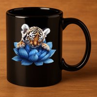 Cute Tiger Cub Blue Lotus Nature Tranquility 11oz C Handle Ceramic Mug