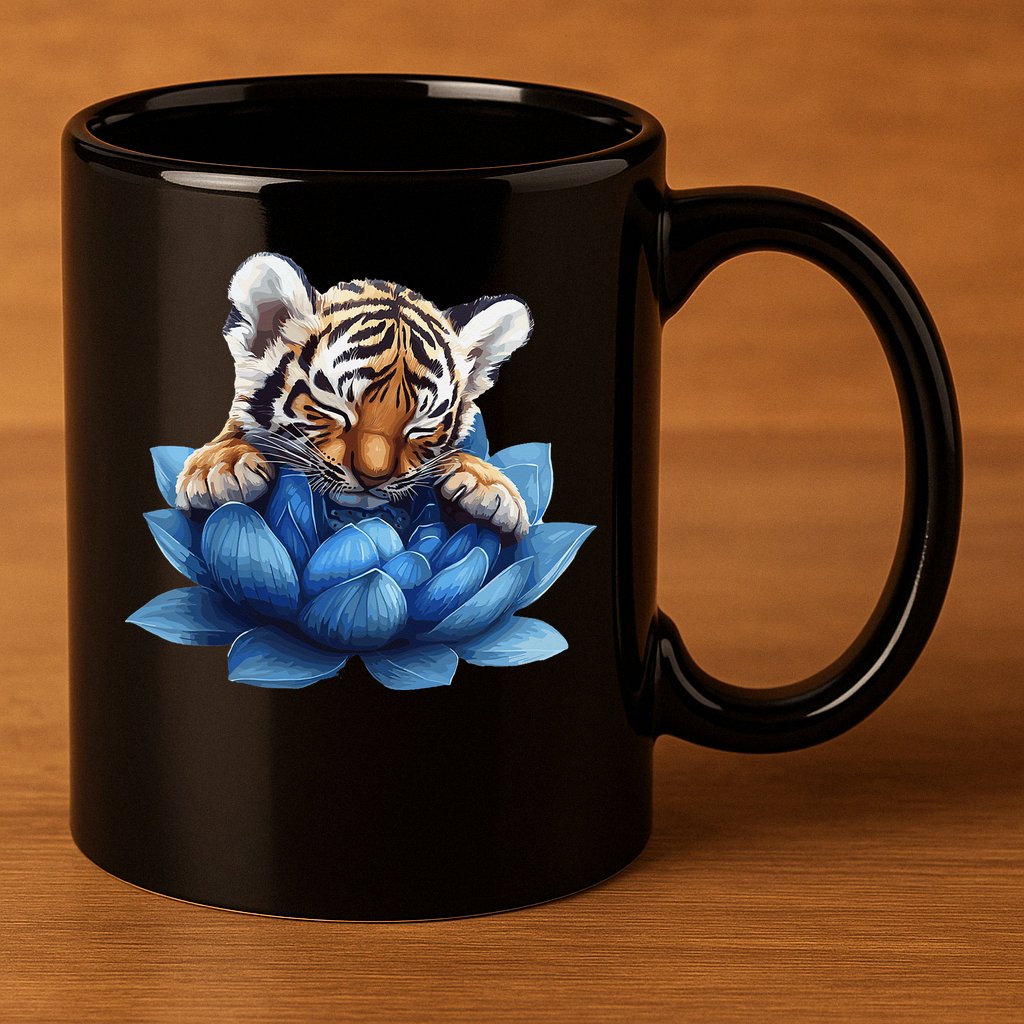 Cute Tiger Cub Blue Lotus Nature Tranquility 11oz C Handle Ceramic Mug
