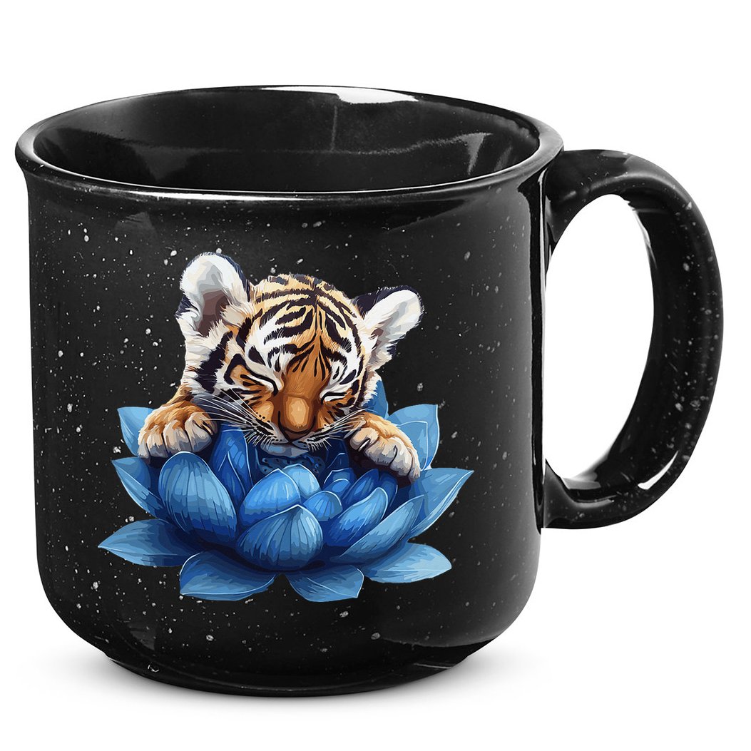 Cute Tiger Cub Blue Lotus Nature Tranquility 15oz Campfire Ceramic Mug