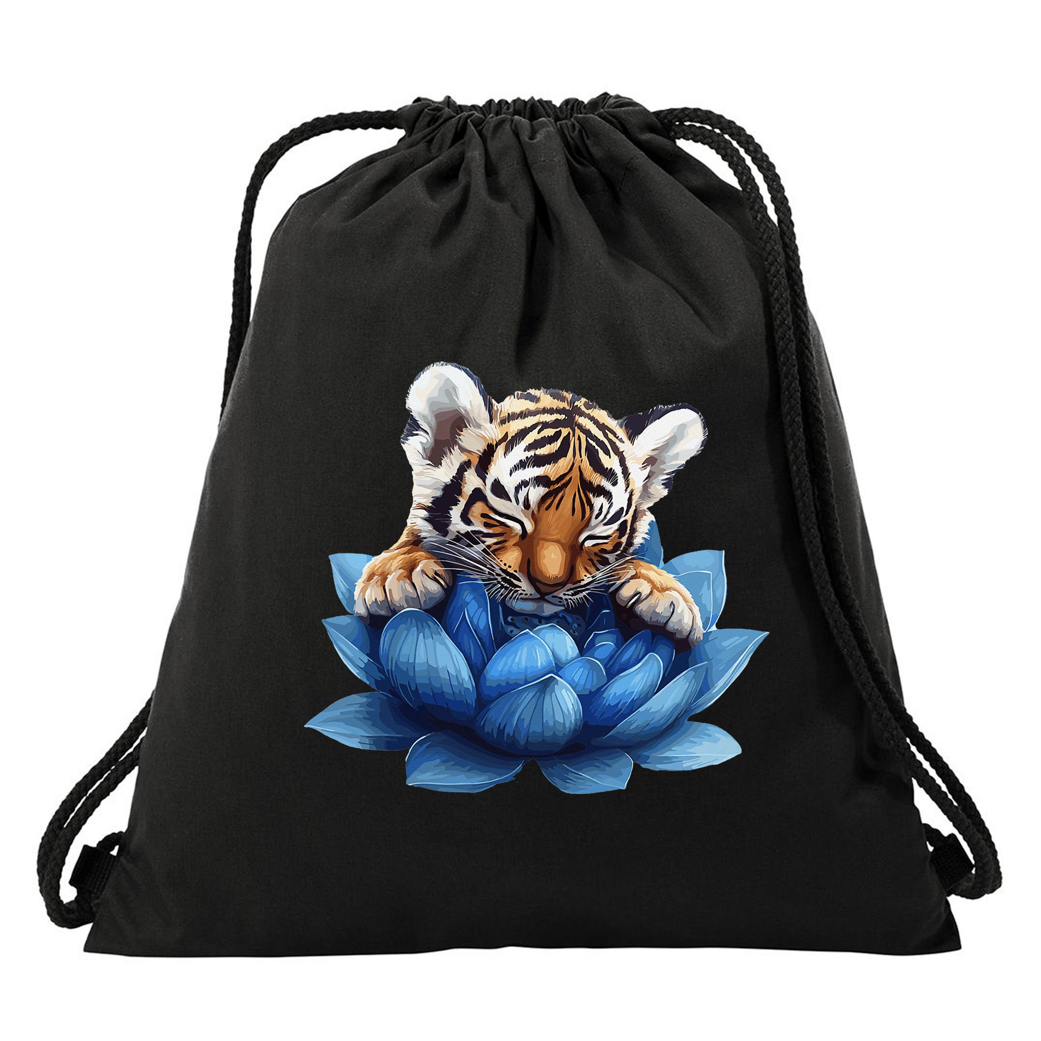 Cute Tiger Cub Blue Lotus Nature Tranquility Drawstring Bag