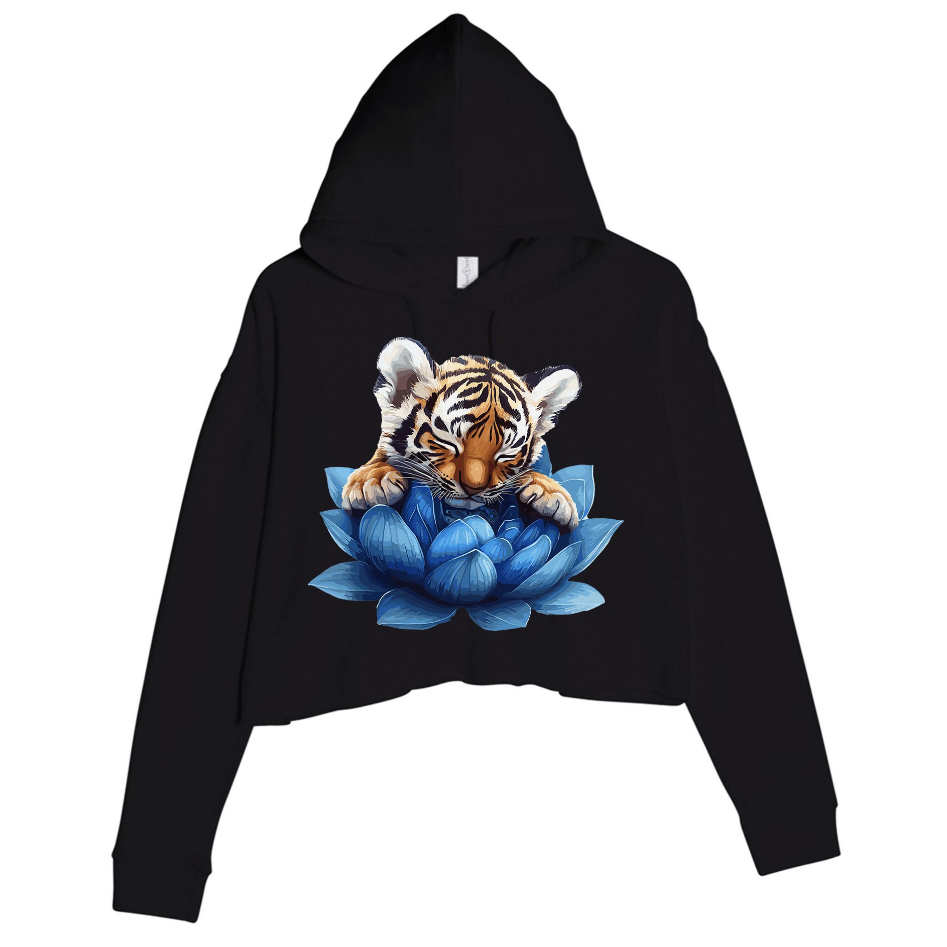 Cute Tiger Cub Blue Lotus Nature Tranquility Crop Fleece Hoodie