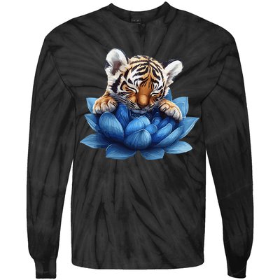 Cute Tiger Cub Blue Lotus Nature Tranquility Tie-Dye Long Sleeve Shirt