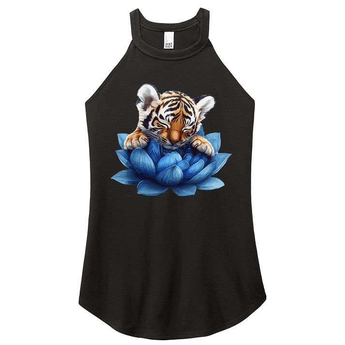 Cute Tiger Cub Blue Lotus Nature Tranquility Women's Perfect Tri Rocker Tank