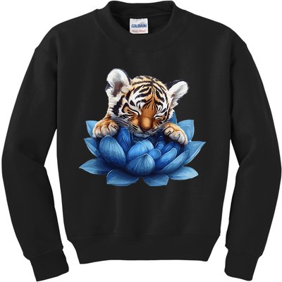 Cute Tiger Cub Blue Lotus Nature Tranquility Kids Sweatshirt