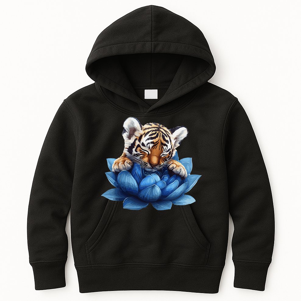 Cute Tiger Cub Blue Lotus Nature Tranquility Kids Hoodie