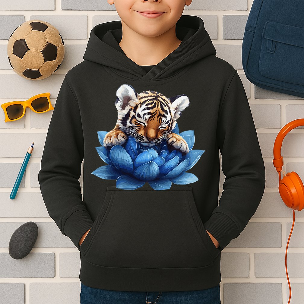 Cute Tiger Cub Blue Lotus Nature Tranquility Kids Hoodie