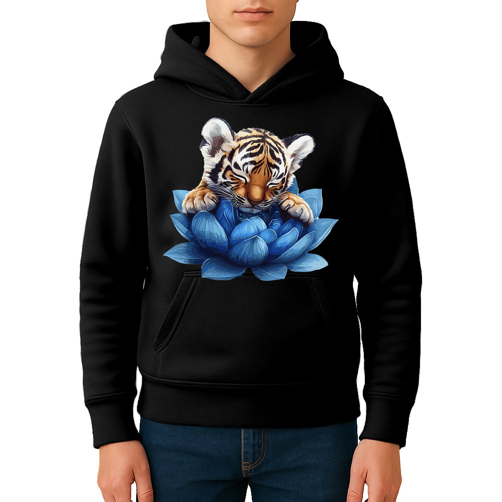 Cute Tiger Cub Blue Lotus Nature Tranquility Kids Hoodie