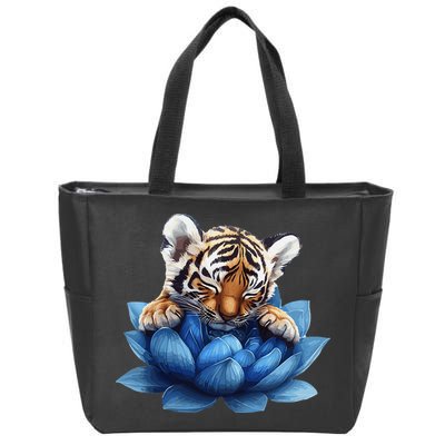Cute Tiger Cub Blue Lotus Nature Tranquility Zip Tote Bag