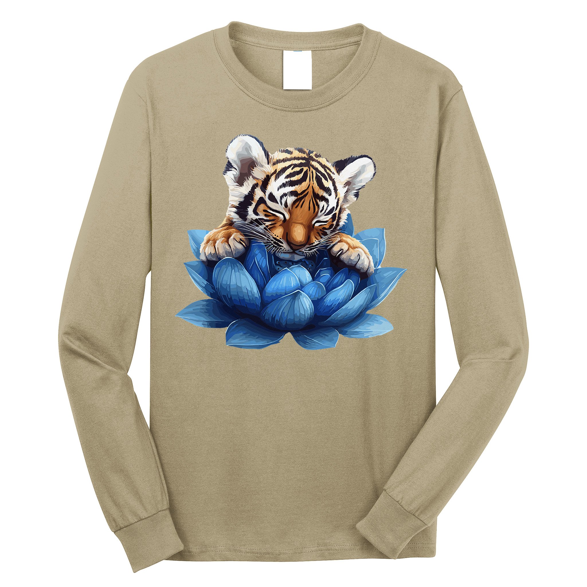 Cute Tiger Cub Blue Lotus Nature Tranquility Long Sleeve Shirt