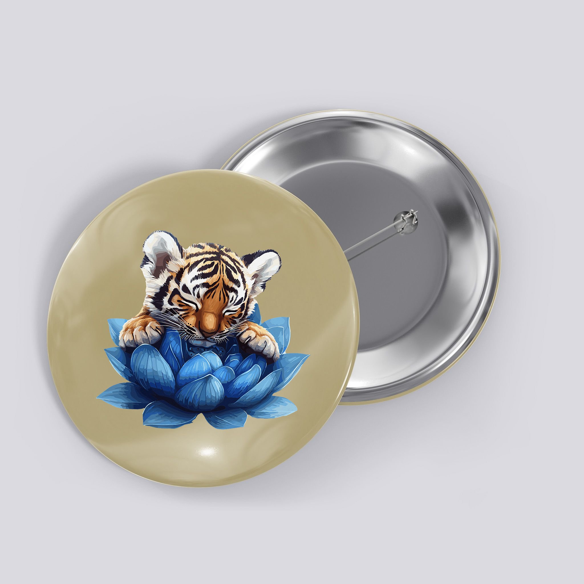 Cute Tiger Cub Blue Lotus Nature Tranquility Button