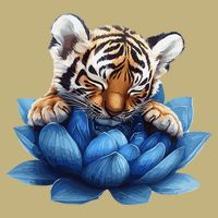 Cute Tiger Cub Blue Lotus Nature Tranquility Button
