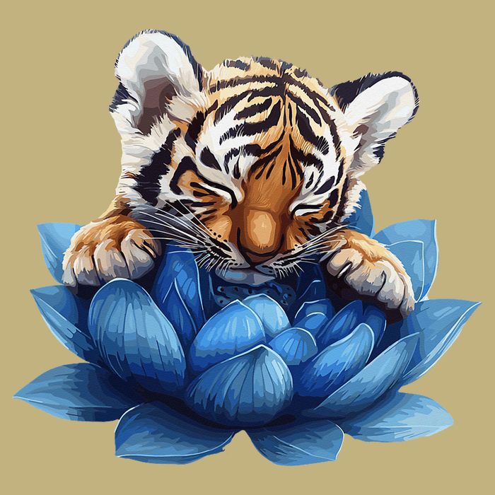 Cute Tiger Cub Blue Lotus Nature Tranquility Button