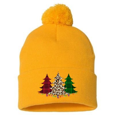 Christmas Tree Cheetah Plaid Pom Pom 12in Knit Beanie