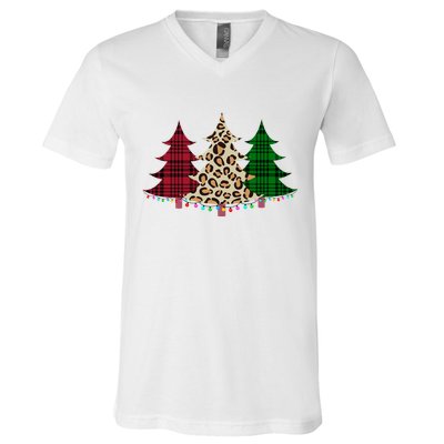 Christmas Tree Cheetah Plaid V-Neck T-Shirt