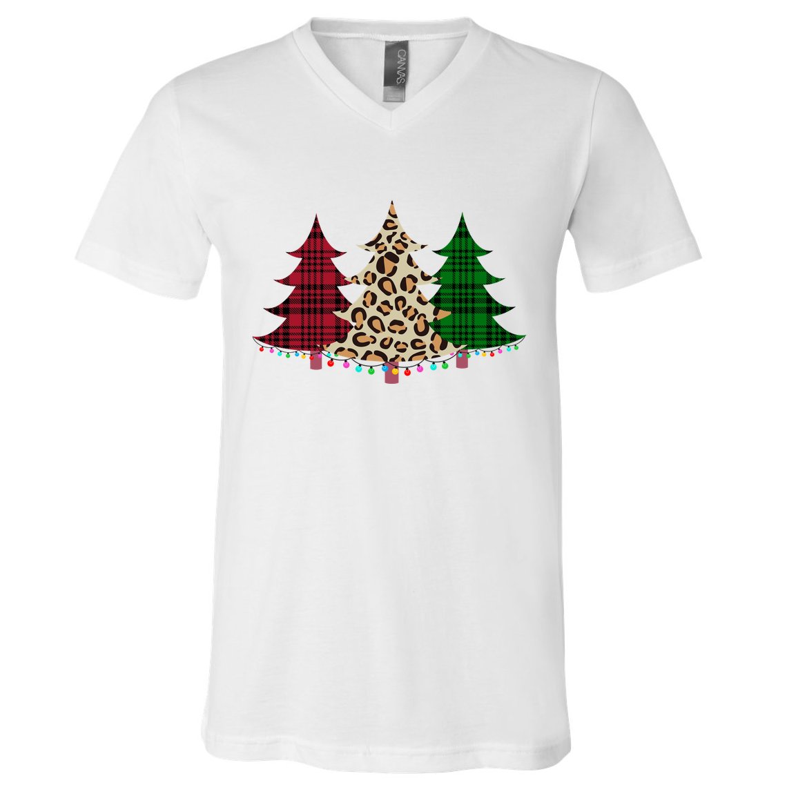 Christmas Tree Cheetah Plaid V-Neck T-Shirt