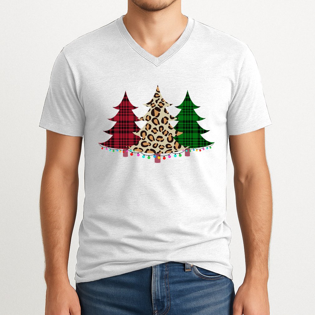 Christmas Tree Cheetah Plaid V-Neck T-Shirt