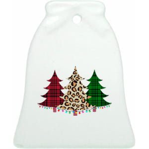 Christmas Tree Cheetah Plaid Ceramic Bell Ornament