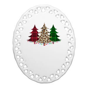 Christmas Tree Cheetah Plaid Ceramic Oval Ornament