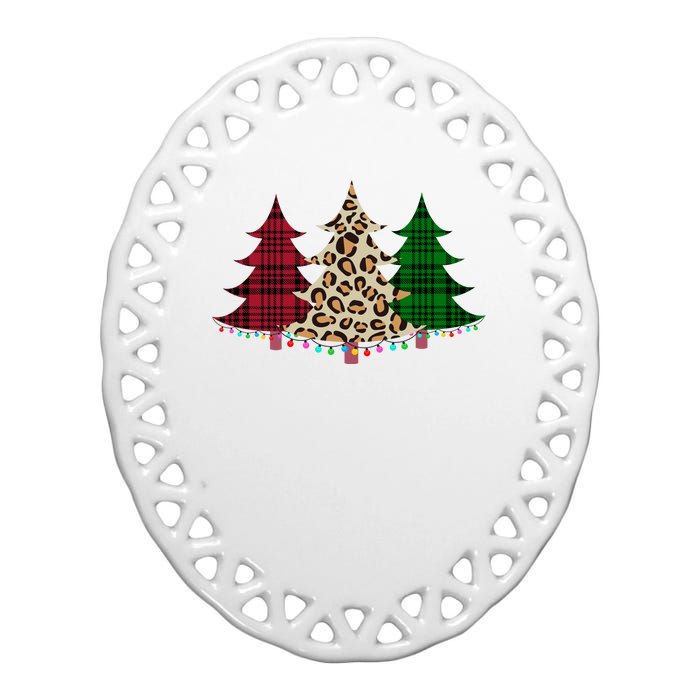 Christmas Tree Cheetah Plaid Ceramic Oval Ornament