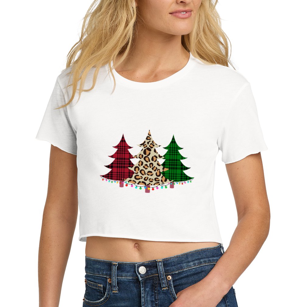 Christmas Tree Cheetah Plaid Women's Crop Top Tee