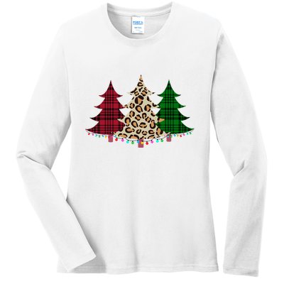 Christmas Tree Cheetah Plaid Ladies Long Sleeve Shirt