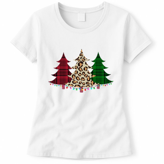 Christmas Tree Cheetah Plaid Womens T-Shirt