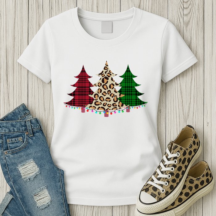 Christmas Tree Cheetah Plaid Womens T-Shirt