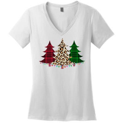 Christmas Tree Cheetah Plaid Women's V-Neck T-Shirt