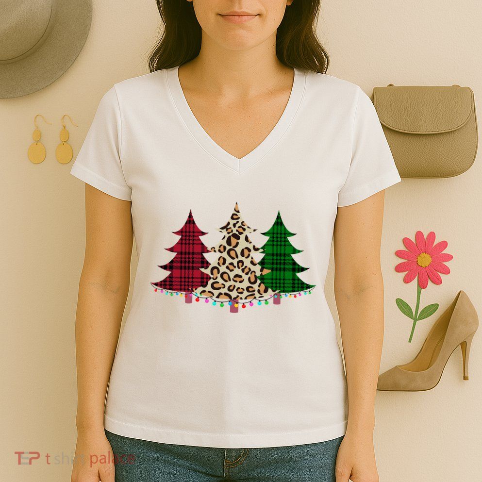 Christmas Tree Cheetah Plaid Women's V-Neck T-Shirt