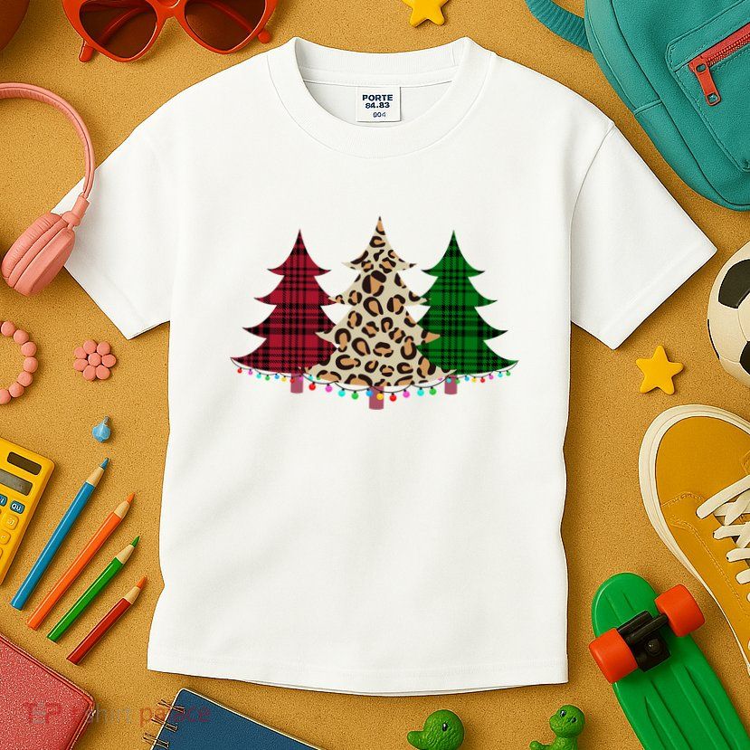 Christmas Tree Cheetah Plaid Kids T-Shirt