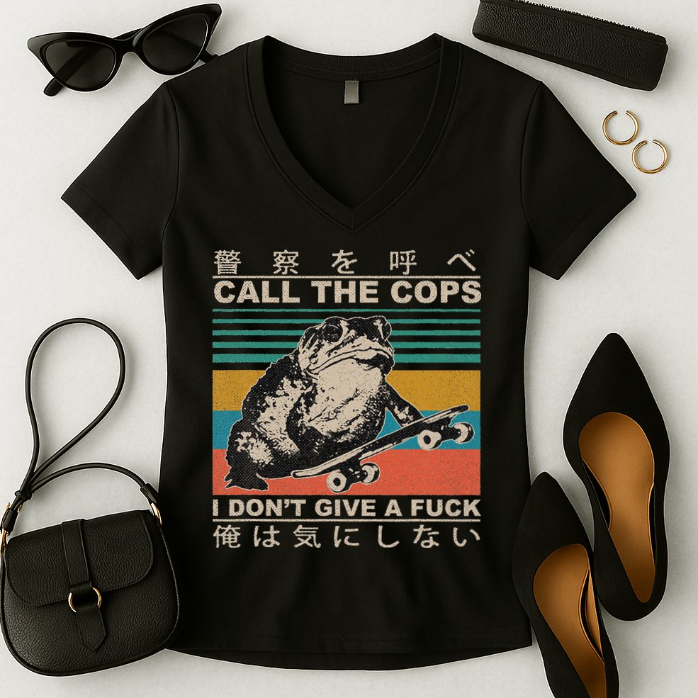 Call The Cops I Don’T Give A Fck Skateboarding Toad Japanese Women's V-Neck T-Shirt