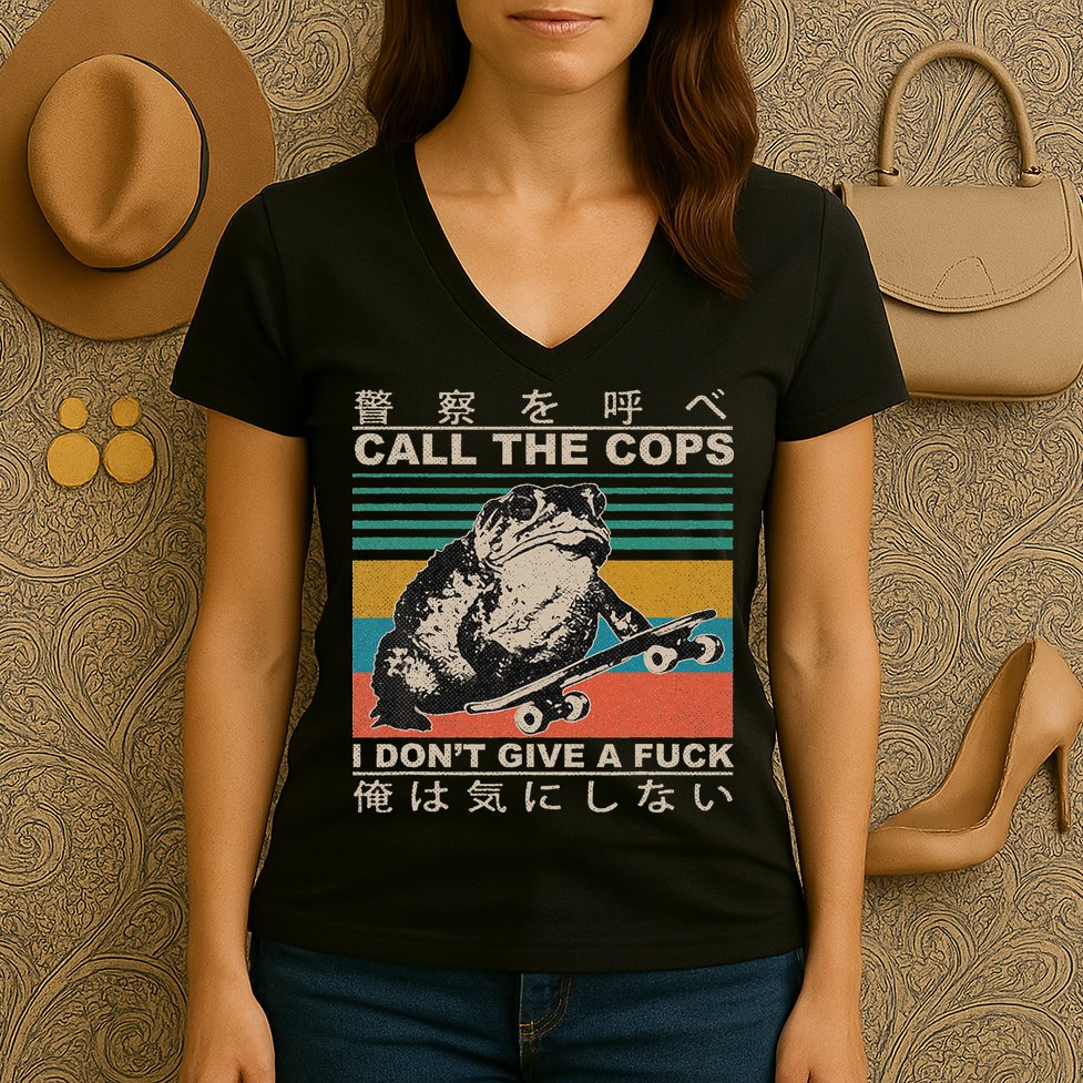 Call The Cops I Don’T Give A Fck Skateboarding Toad Japanese Women's V-Neck T-Shirt