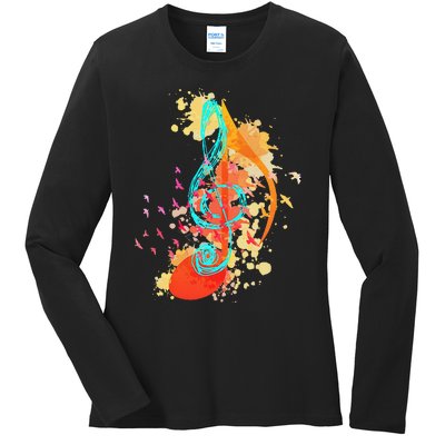 Colorful Treble Clef Music Theory Musician Teacher Birds Ladies Long Sleeve Shirt