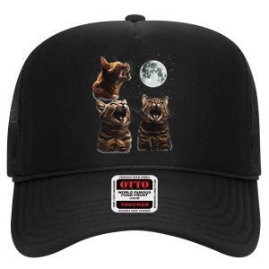 Cute Three Cat 3 Cat Moon Howling 3 Wolfs Funny Kitten High Crown Mesh Back Trucker Hat