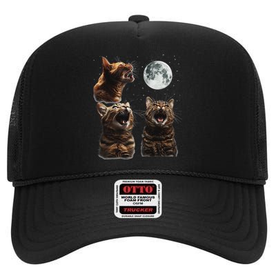 Cute Three Cat 3 Cat Moon Howling 3 Wolfs Funny Kitten High Crown Mesh Back Trucker Hat