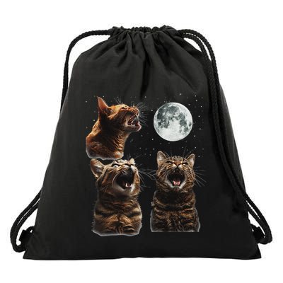 Cute Three Cat 3 Cat Moon Howling 3 Wolfs Funny Kitten Drawstring Bag