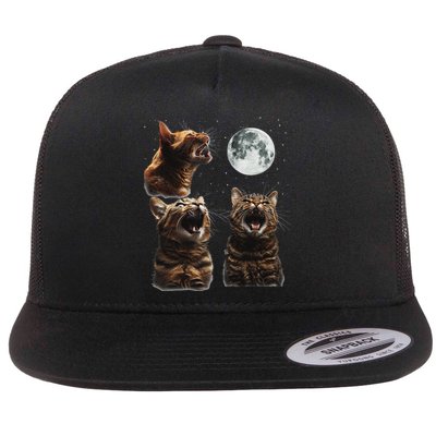 Cute Three Cat 3 Cat Moon Howling 3 Wolfs Funny Kitten Flat Bill Trucker Hat