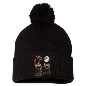 Cute Three Cat 3 Cat Moon Howling 3 Wolfs Funny Kitten Pom Pom 12in Knit Beanie