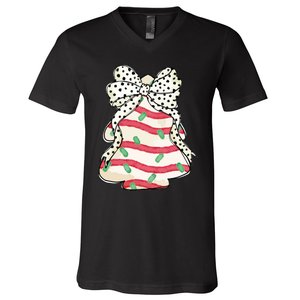 Christmas Tree Cake Coquette Dalmatian Bow V-Neck T-Shirt