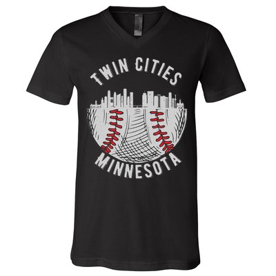 Cool Twin Cities Minnesota MN Baseball Skyline St. Paul MPLS V-Neck T-Shirt