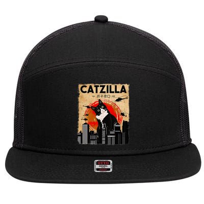 Catzilla Tuxedo Cat And Kitten 7 Panel Mesh Trucker Snapback Hat