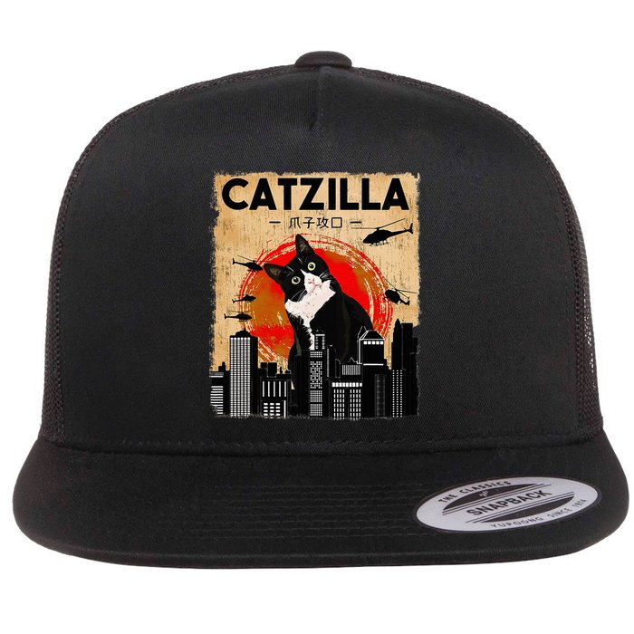 Catzilla Tuxedo Cat And Kitten Flat Bill Trucker Hat