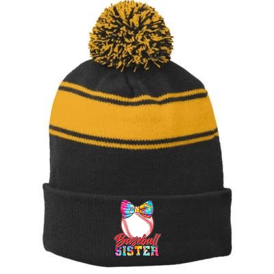 Cute Tie Dye Baseball Sister Stripe Pom Pom Beanie